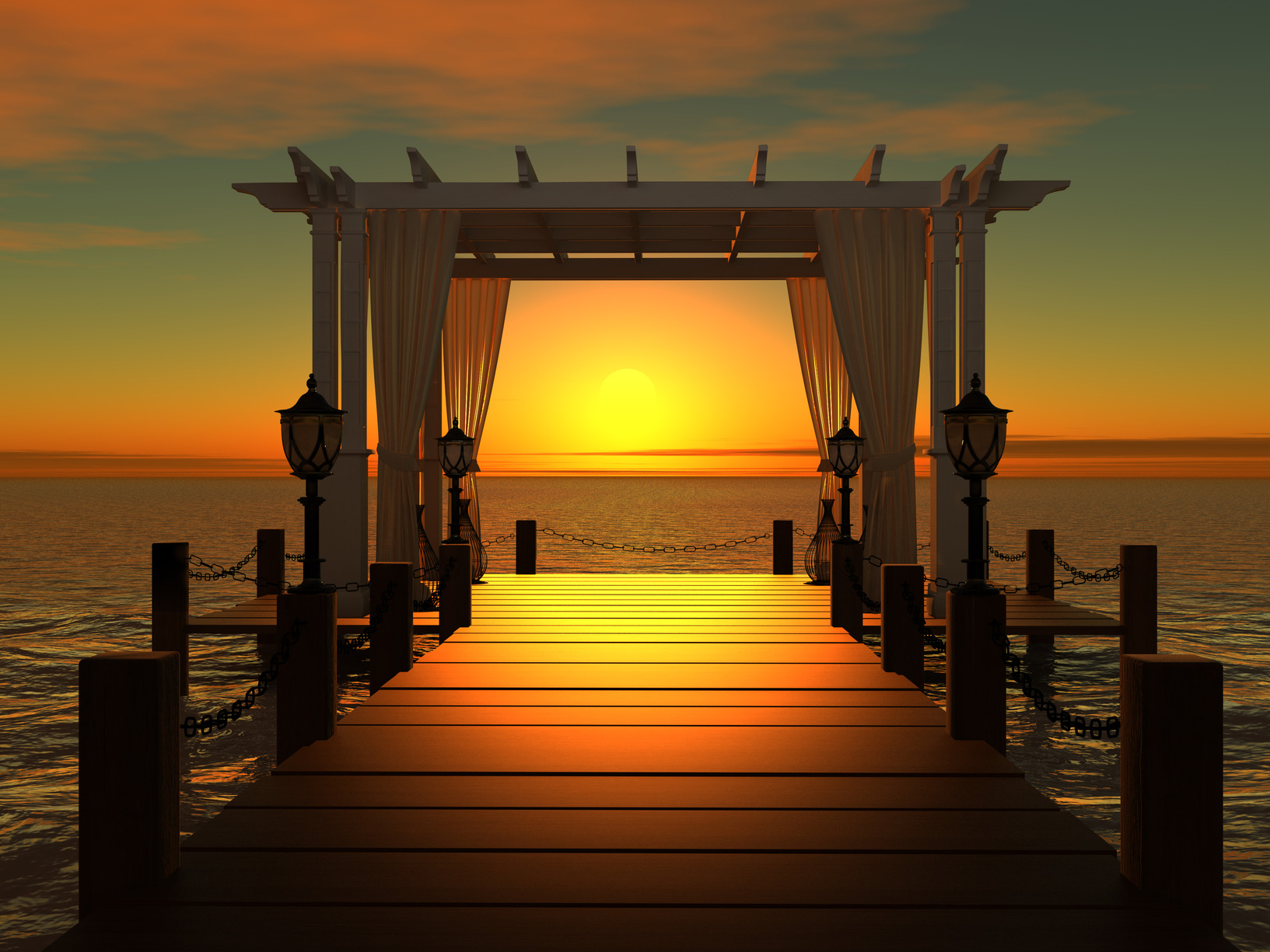 wedding gazebo on the wooden pier into the sea with the sun at sunset