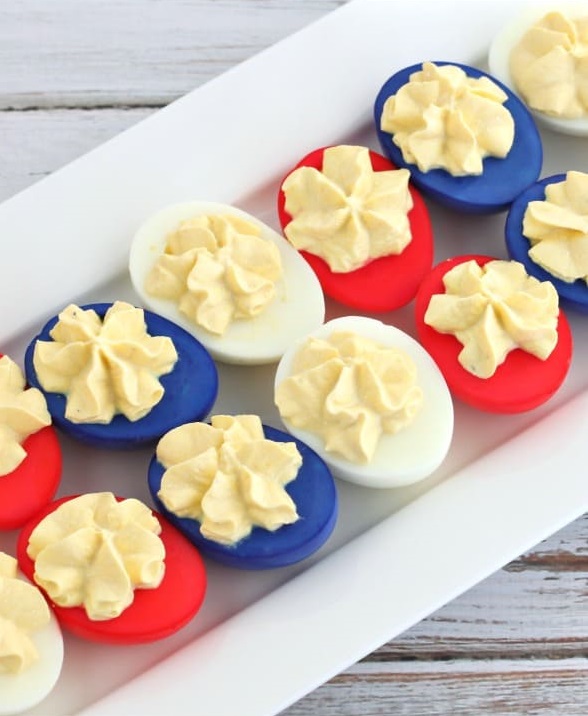 Red, white, and blue deviled eggs - Patriotic appetizers!