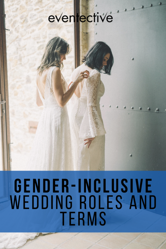 image of two women in wedding dresses with overlay text that says "gender-inclusive wedding roles and terms"