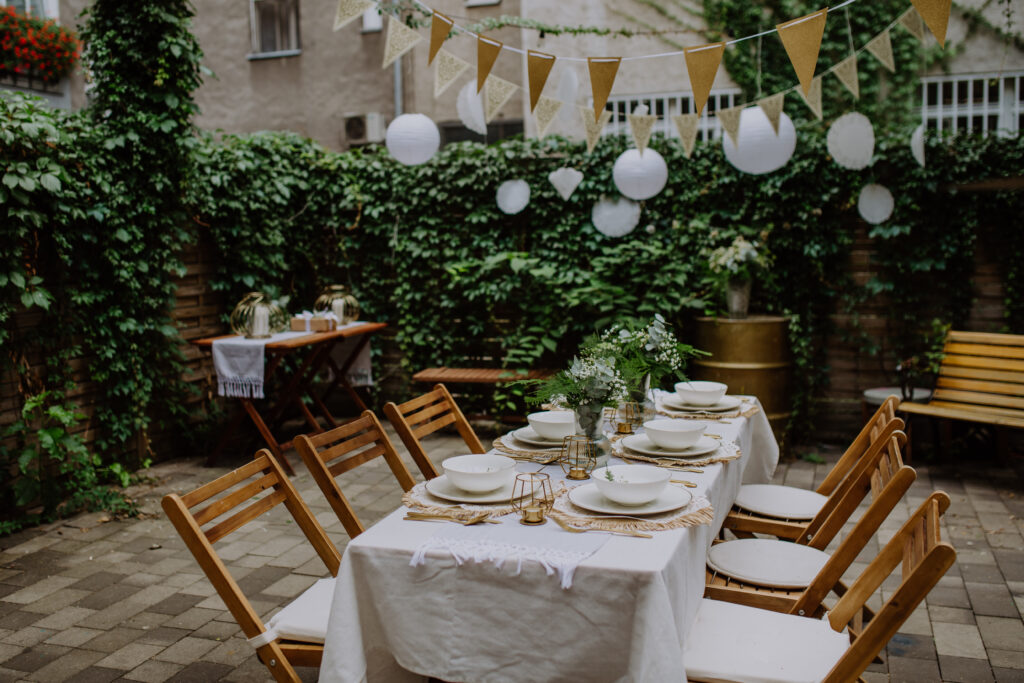 Small wedding ceremony tablescape in an outside courtyard