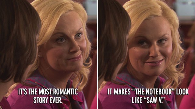 Leslie Knope talking to Ann Perkins about love stories on a Galentine's Day episode of Parks and Red