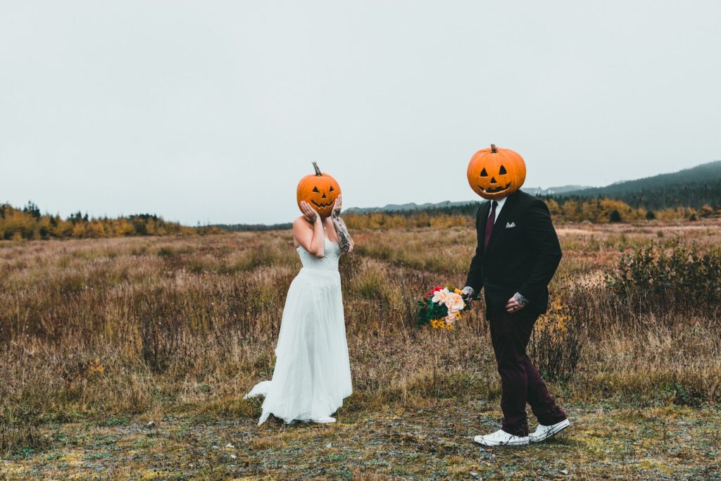 surprising Pumpkin headed wedding couple