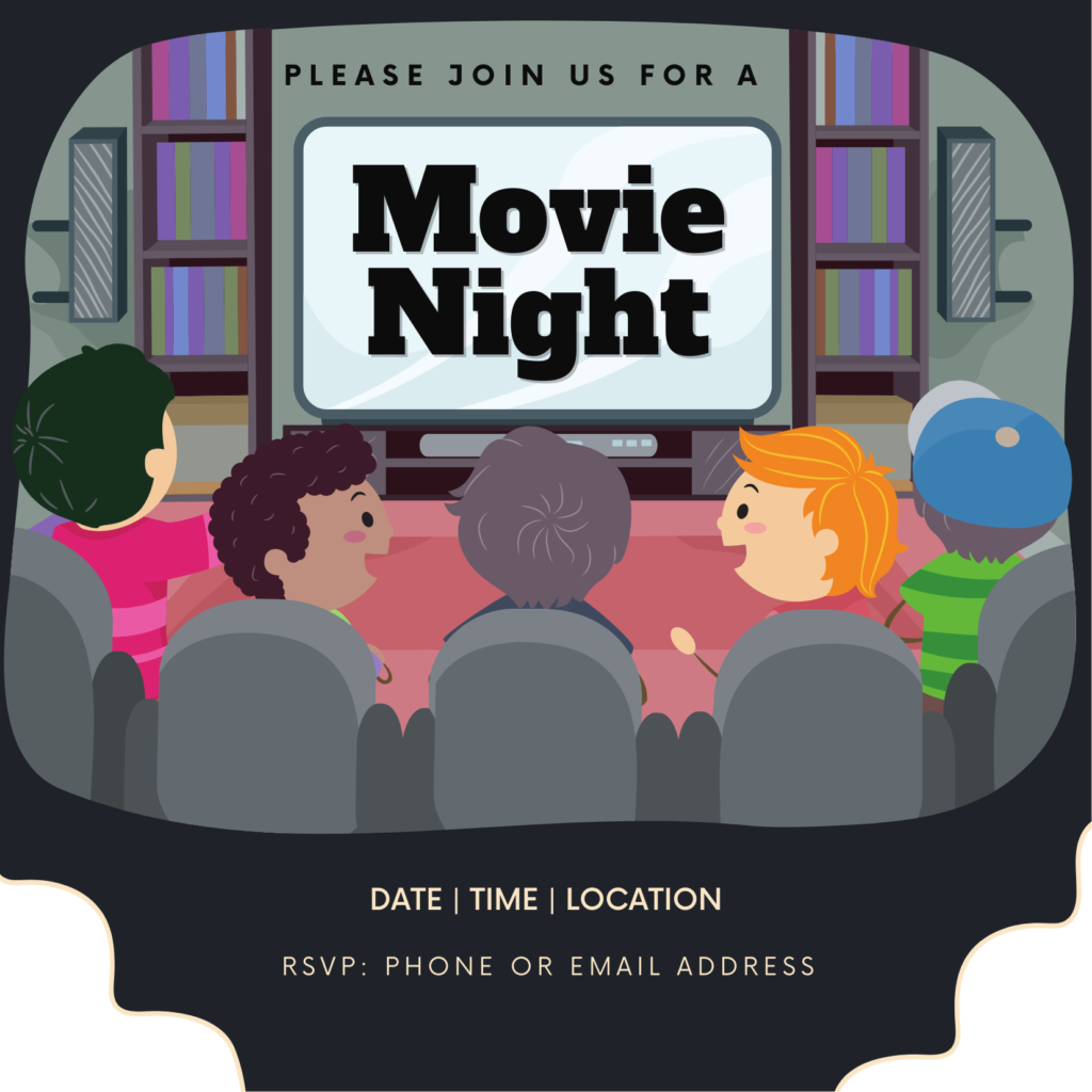 Invitation template for a Summer Movie Night party. Click to access and edit the template.