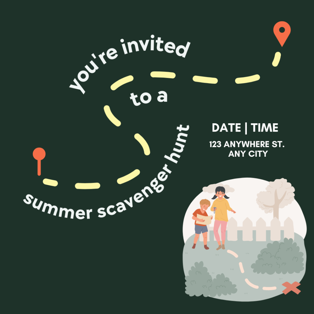 Invitation template for a Summer Scavenger Hunt party. Click to access and edit the template.
