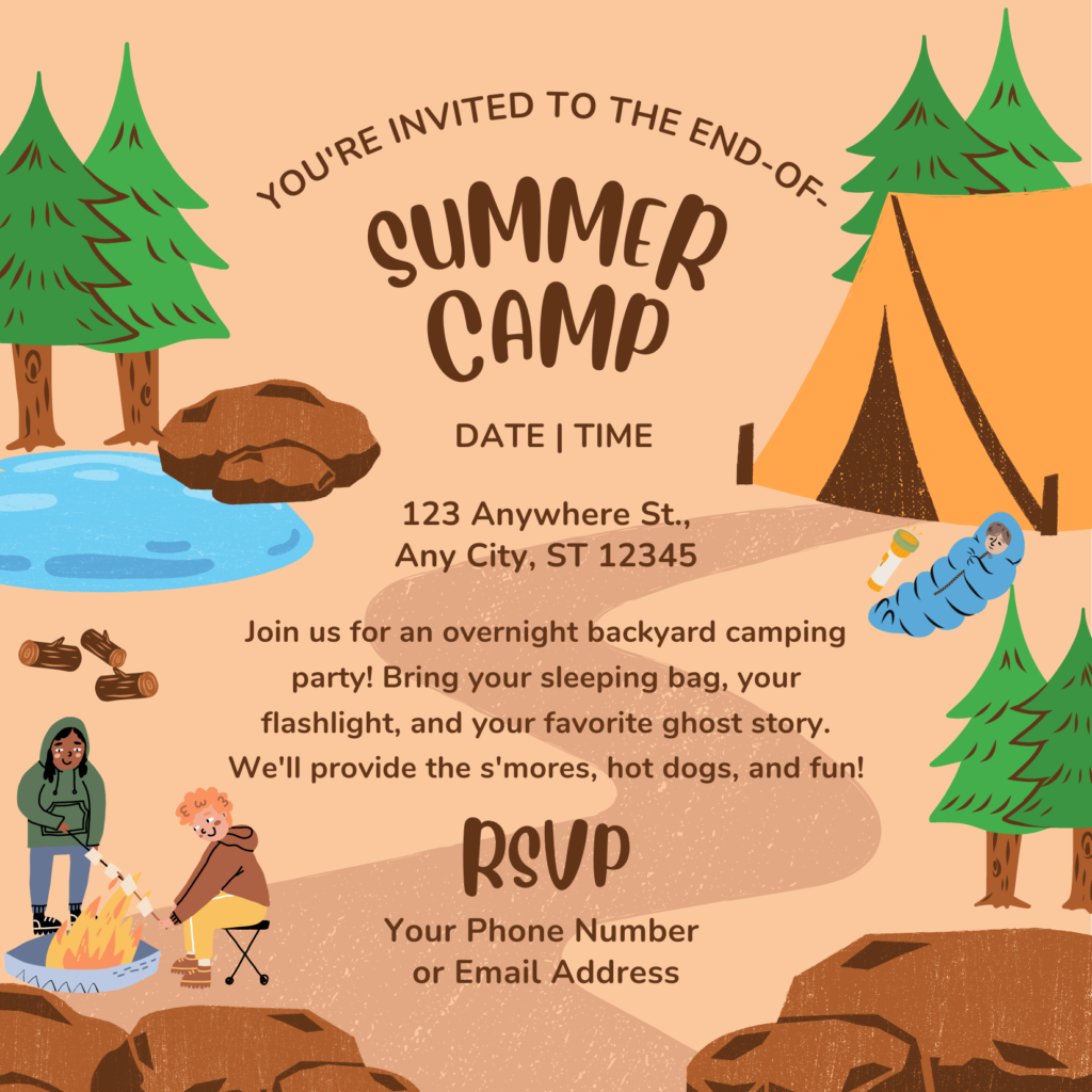 Invitation template for a Summer Backyard Camping party. Click to access and edit the template.