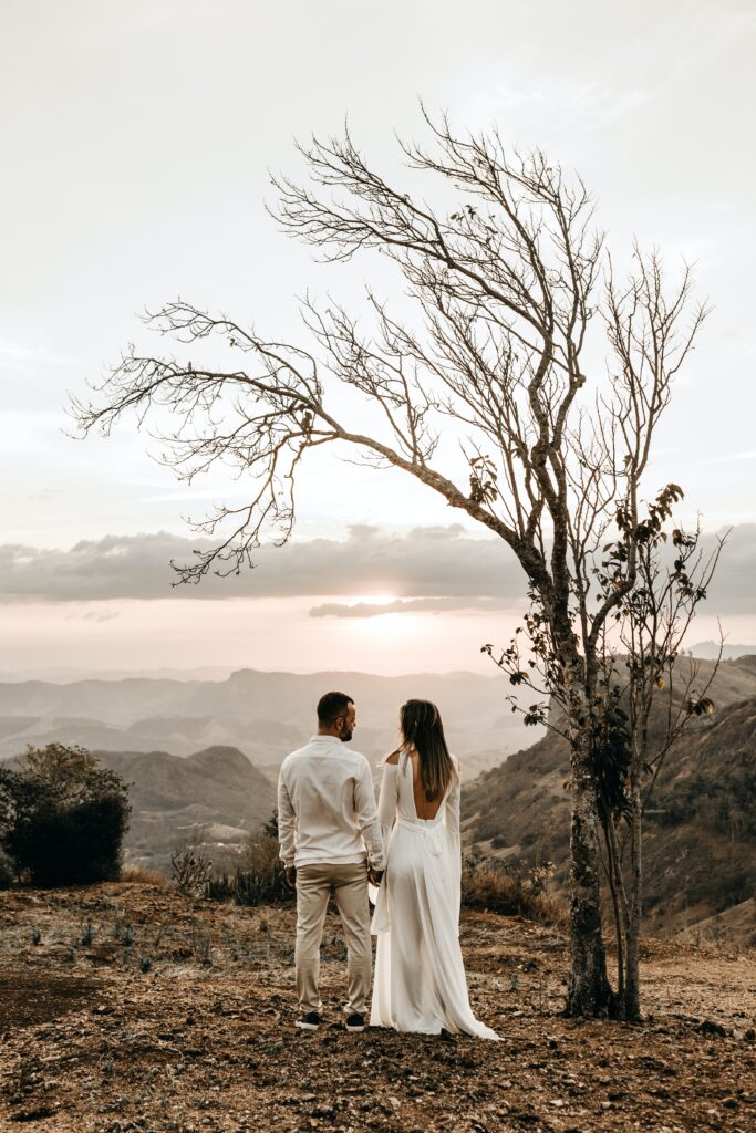 Bride and groom overlooking a mountain range
