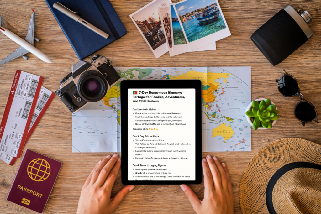 Honeymoon itinerary on a tablet next to travel items: map, tickets, camera, and more.