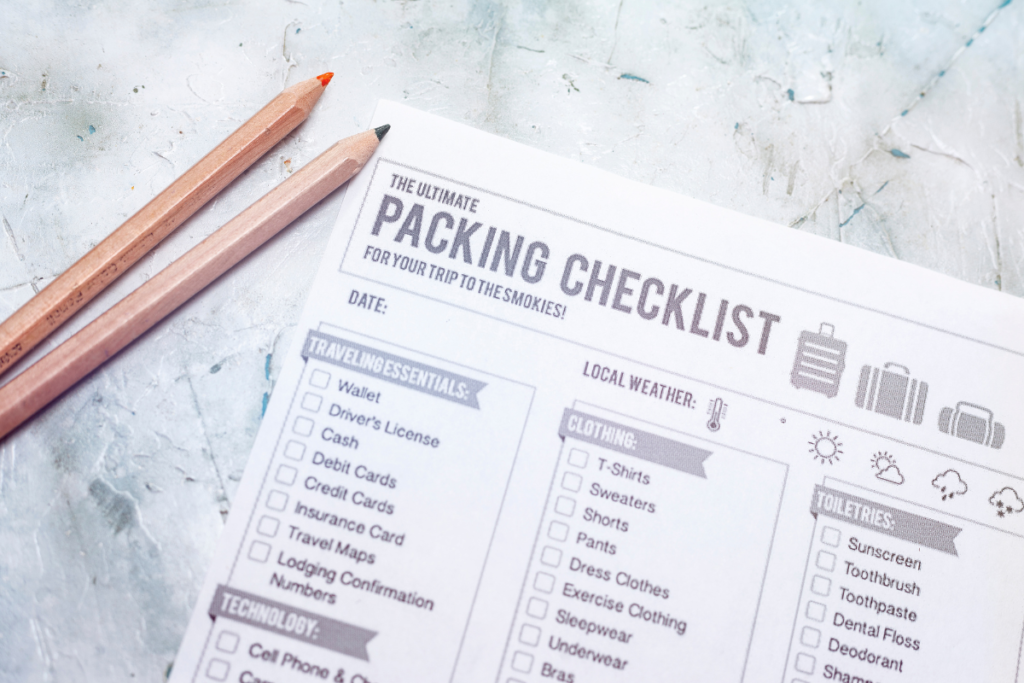 Packing list next to colored pencils