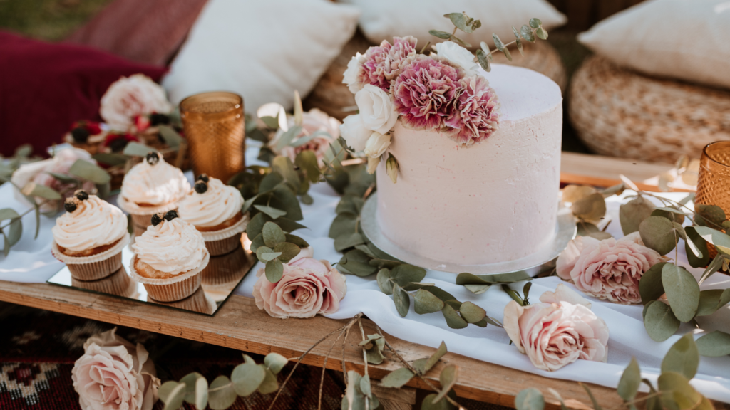 Desserts displayed on a table with flowers