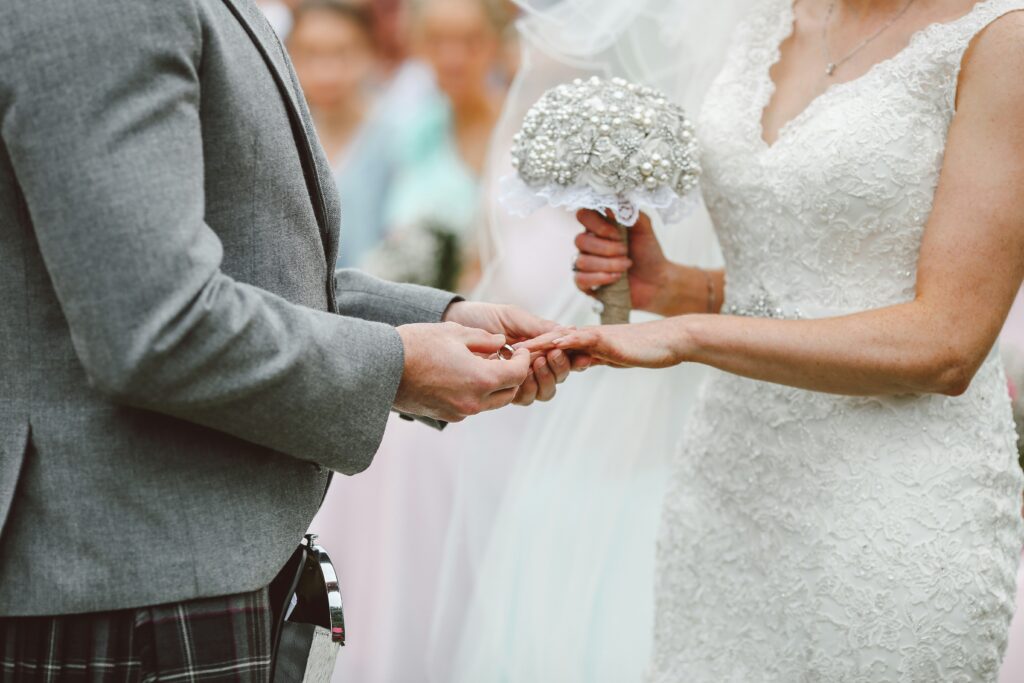 Bride and groom exchanging rings