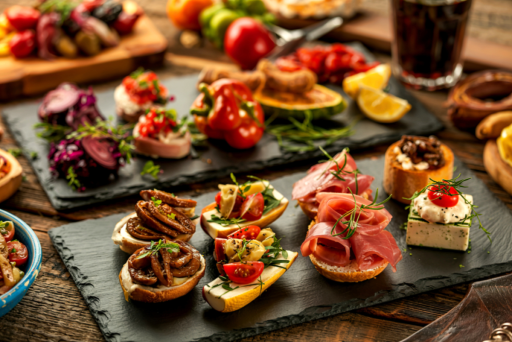 Mini snacks displayed on charcoal slabs
