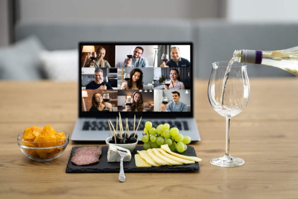 Small cheeseboard on a table in front of a virtual meeting