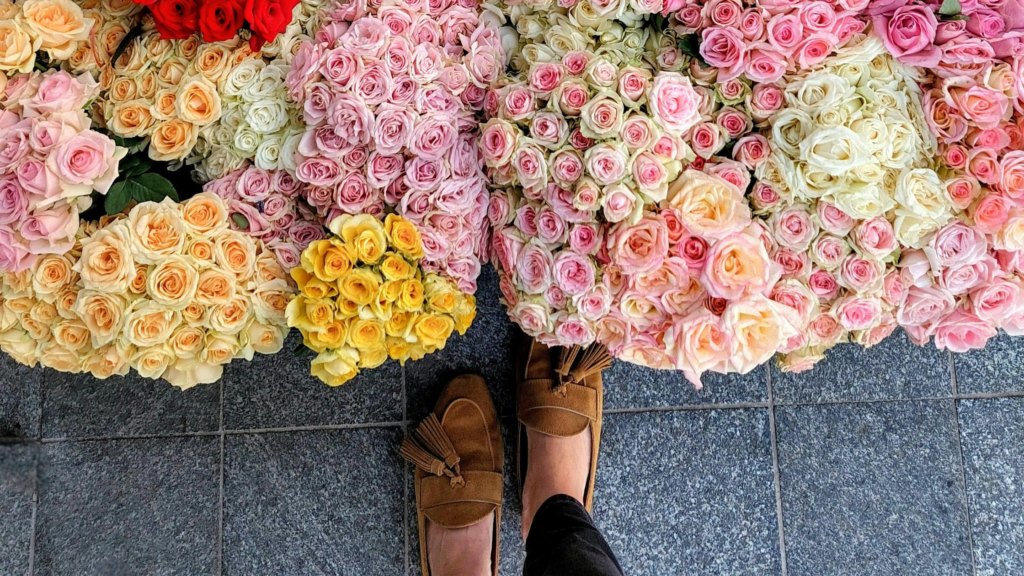 Top view of flowers at a farmers' market