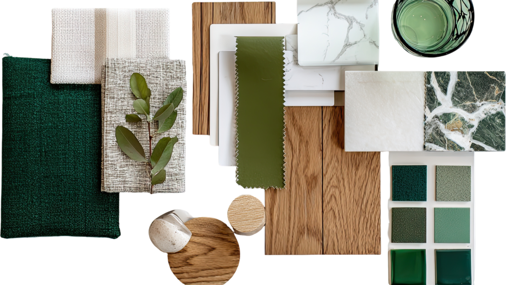 Mood board of various greens and natural textures