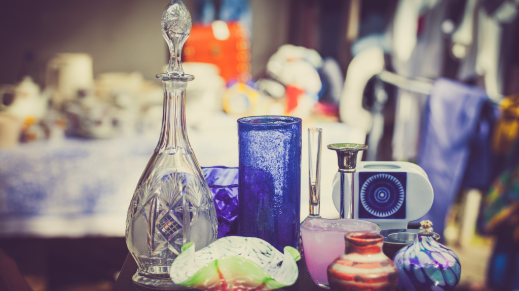 Different vases and candleholders at a thrift store