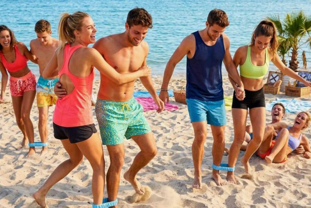 A group of men and women playing games at the beach
