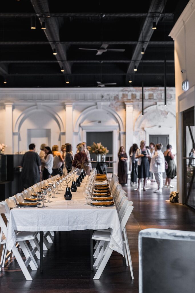 Elegant dinner table set up for an indoor party